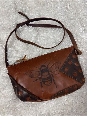 In Blue brown leather purse bag bee art design crossbody